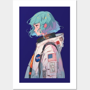 Nasa Blue Hair Astronaut Girl in Spacesuit Original Illustration Posters and Art